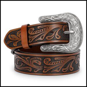 Leather Tooled Floral Western Belt - Brown